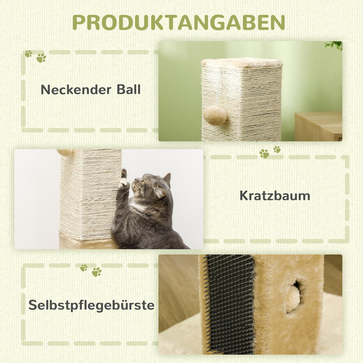 Scratching post, 79cm scratching post with fur brushes, jute cat scratching post with play ball, scratching post for cats under 4.5 kg, cat scratching furniture, indoor, beige