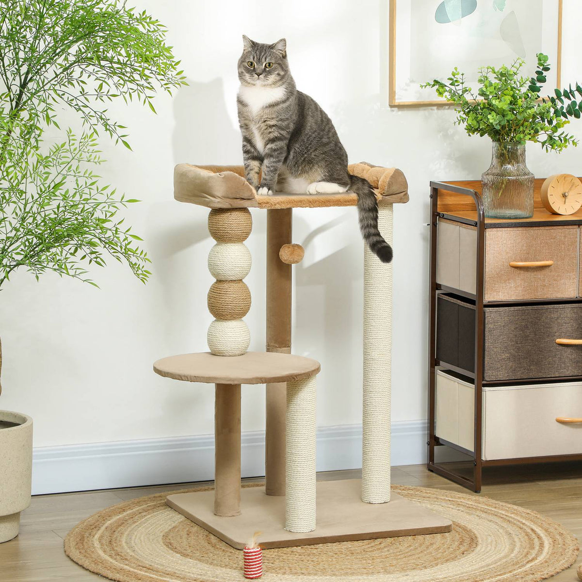 Scratching post 86 cm cat tree with jumping platform, bed, play ball, cat scratching post with jute scratching posts, for cats up to 7 kg, coffee
