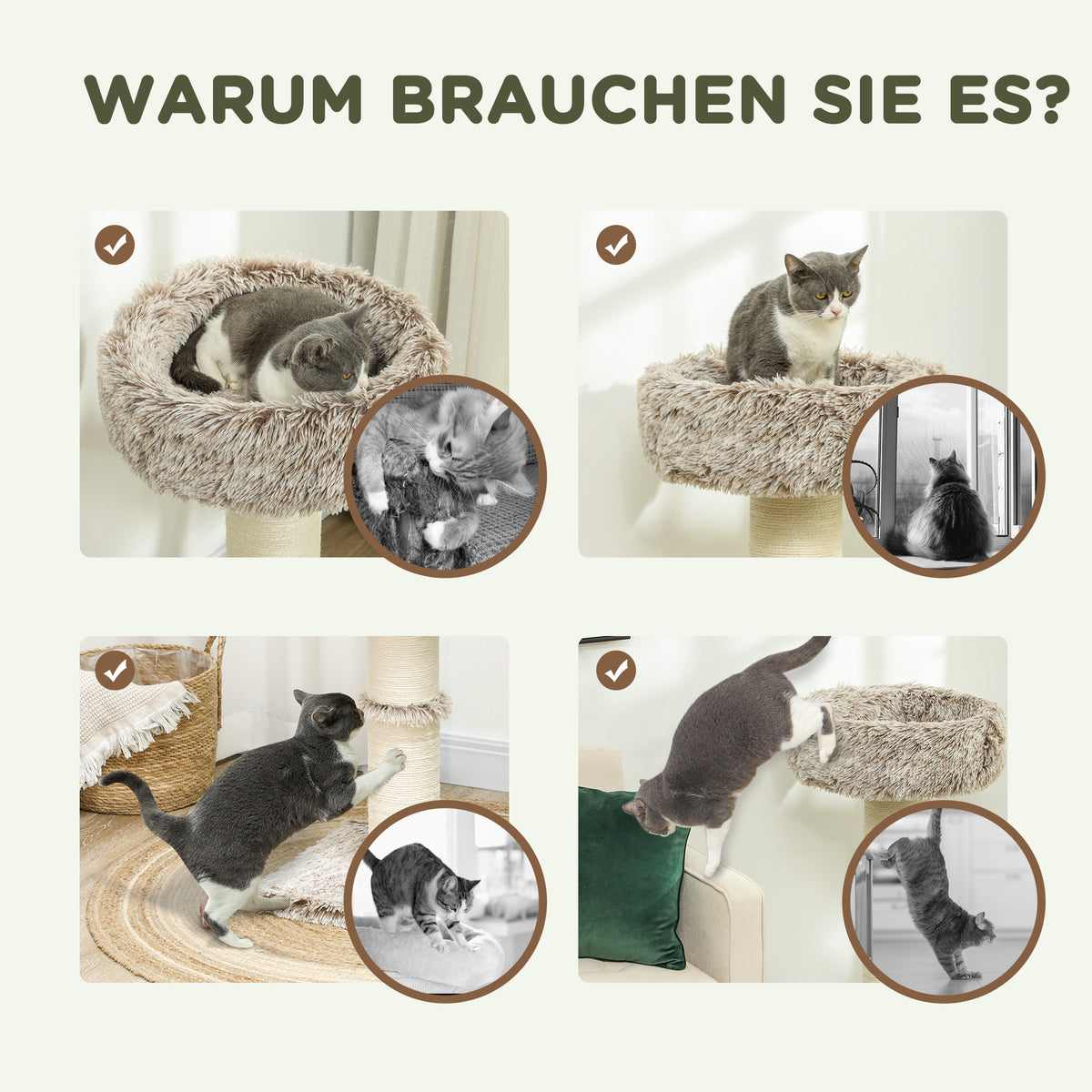 Scratching post 87 cm high cat tree with bed, thick trunk, cat scratching post with sisal scratching posts, for cats up to 6 kg, indoor, brown