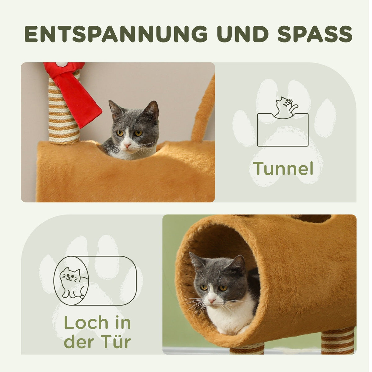 Scratching post 98 cm cat tower in deer design, with cave, play ball, jute trunks brown