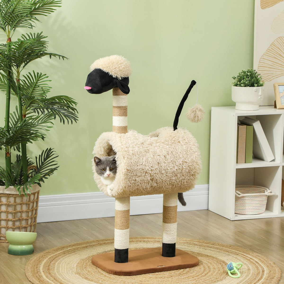 Scratching post 98 cm cat tree with scratching post, tunnel, play ball, cat scratching post in sheep design, for cats up to 5 kg, light brown