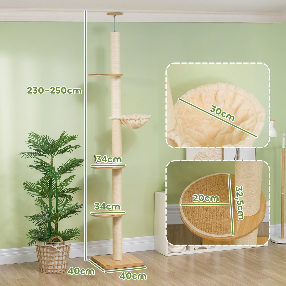 Scratching post, cat scratching post ceiling high, 230-250 cm, climbing tree with hammock, cat tree height adjustable, play tree with tip protection, plush, oak + cream white