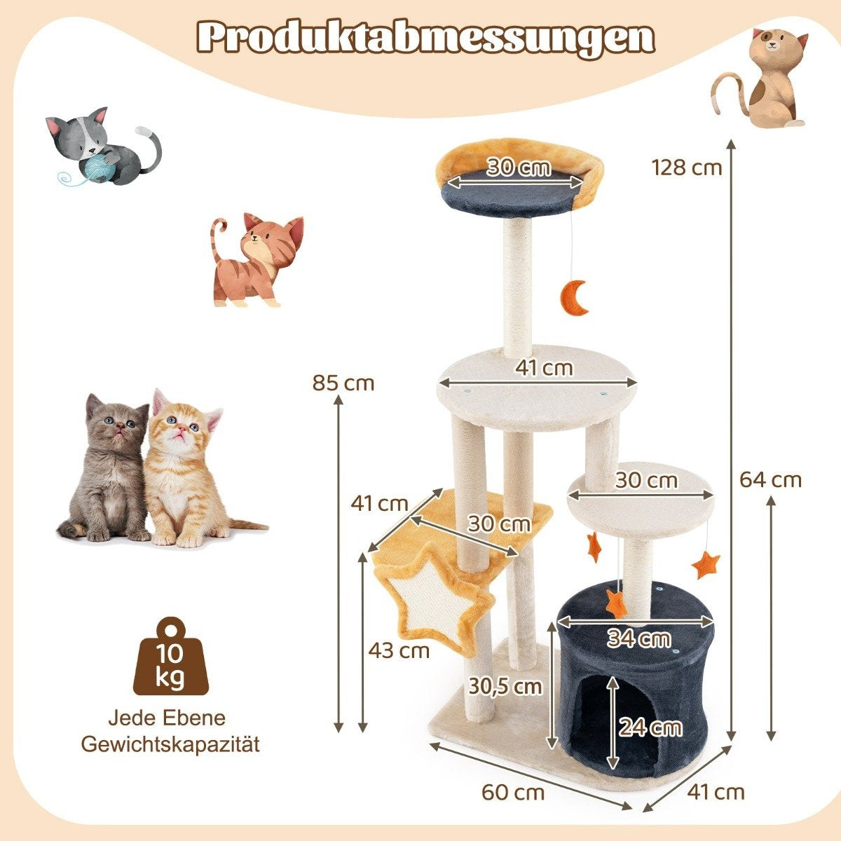 Scratching post cat tree with cat cave & plush seat & toys & toys & platforms 60 x 41 x 128 cm