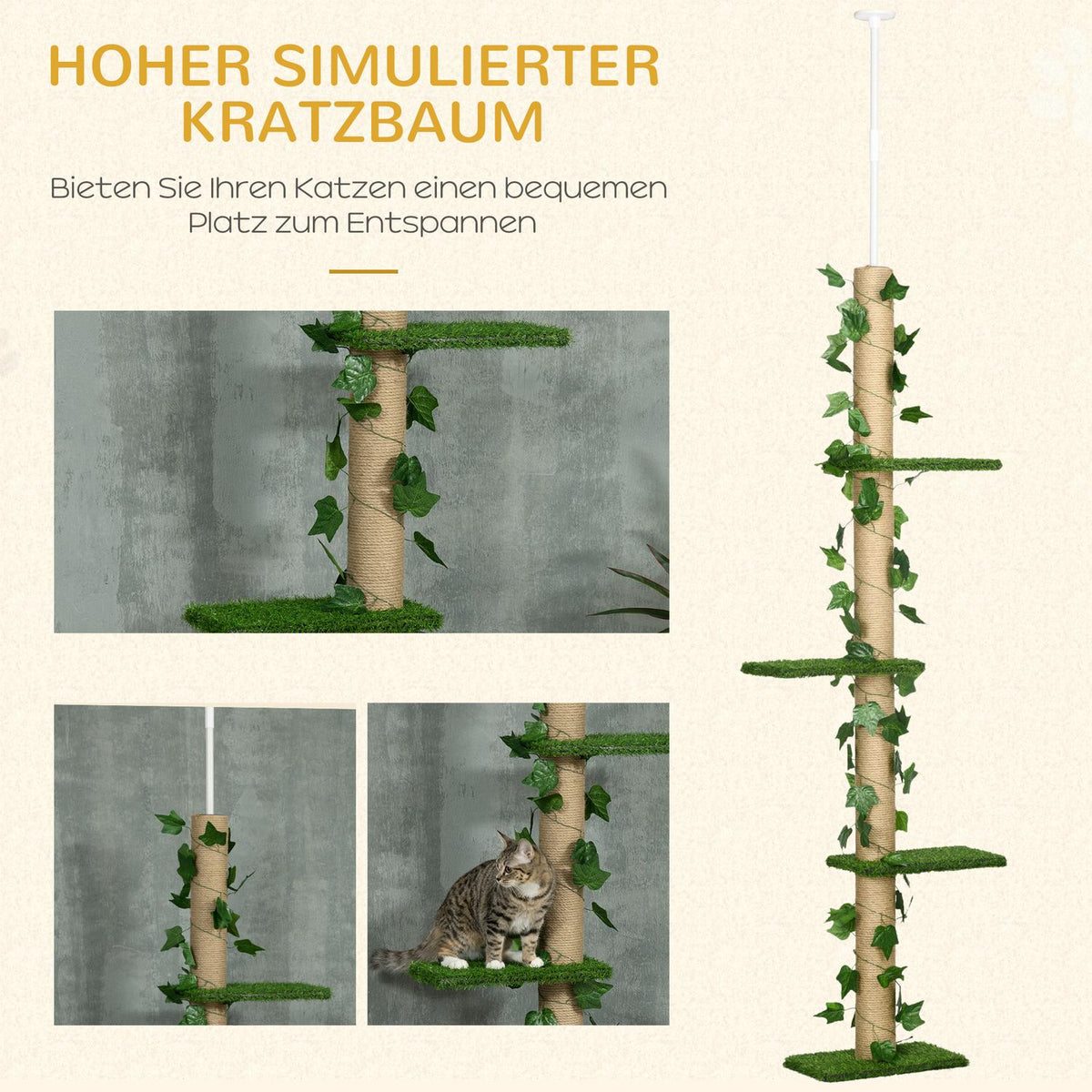 Scratching post ceiling high 202-242 cm, height adjustable Climbing tree with tip protection, play tree made of jute in green and yellow