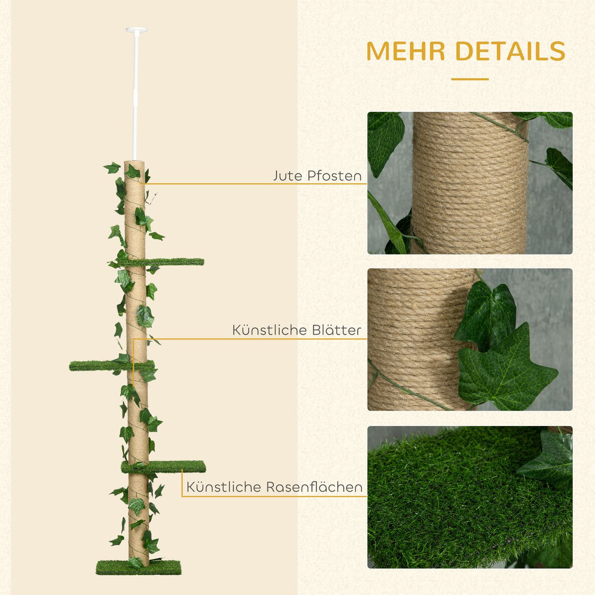 Scratching post ceiling high 202-242 cm, height adjustable Climbing tree with tip protection, play tree made of jute in green and yellow