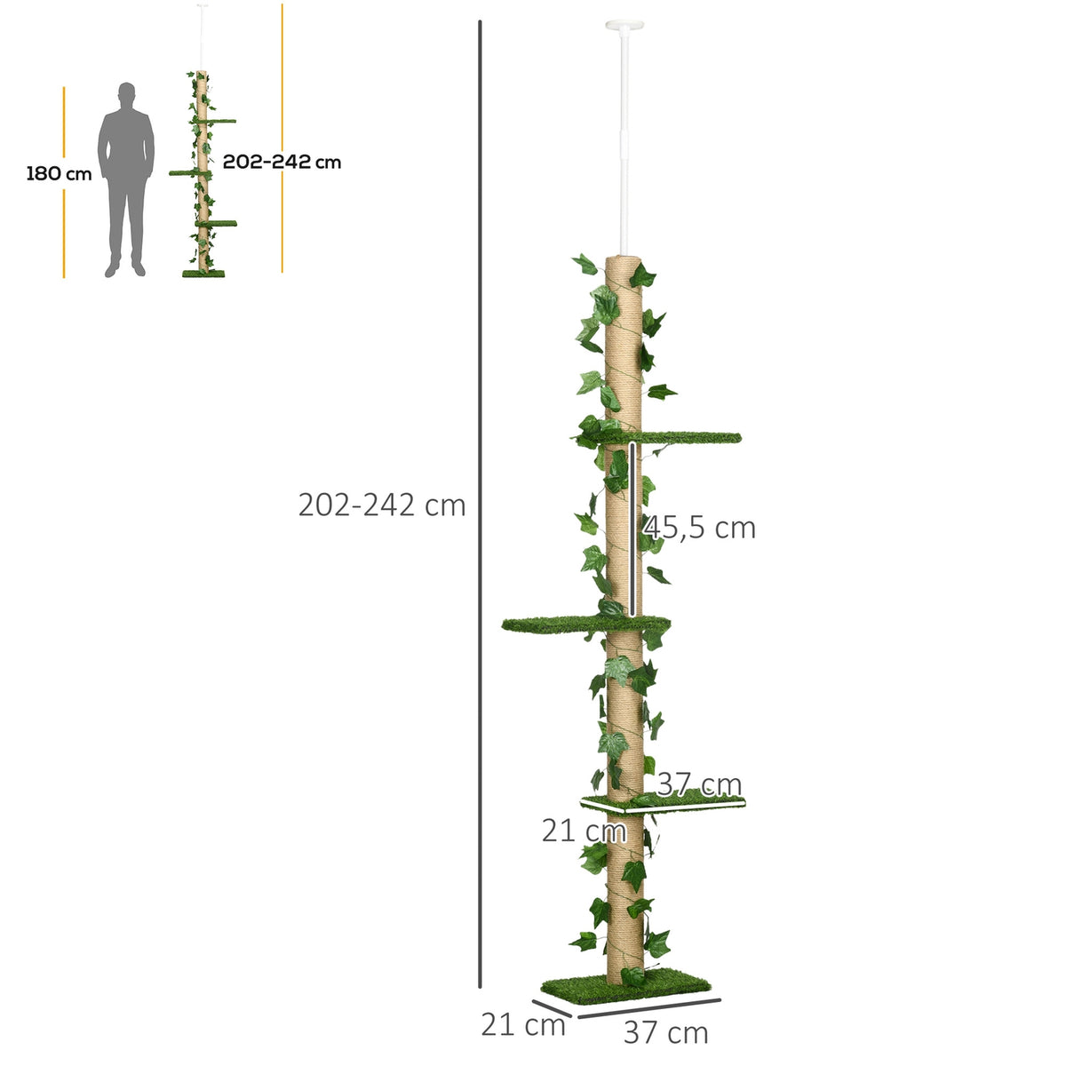 Scratching post ceiling high 202-242 cm, height adjustable Climbing tree with tip protection, play tree made of jute in green and yellow