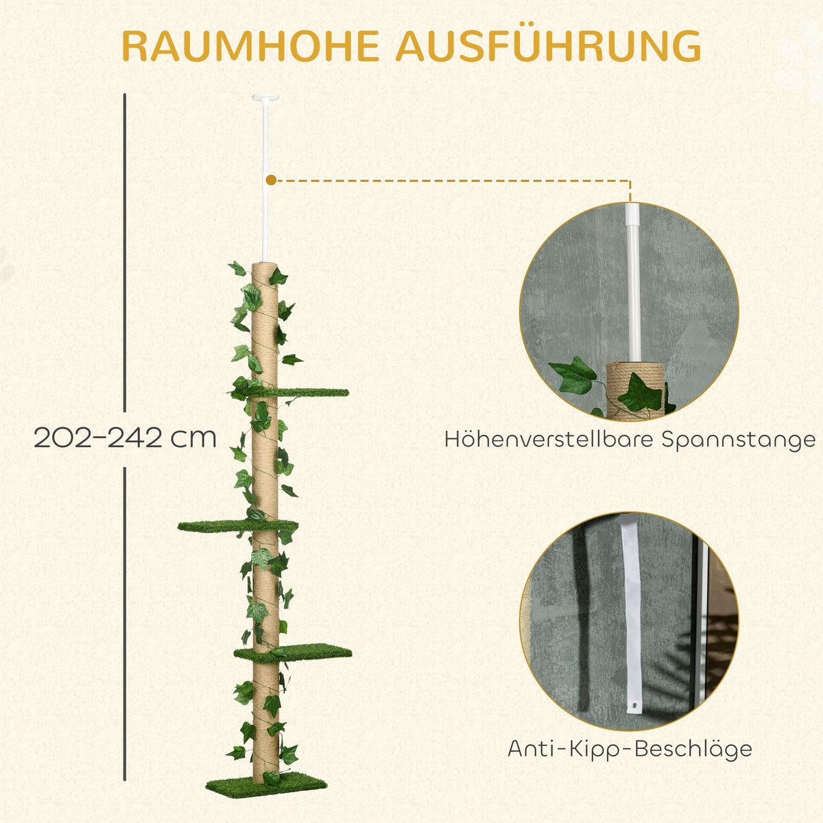 Scratching post ceiling high 202-242 cm, height adjustable Climbing tree with tip protection, play tree made of jute in green and yellow
