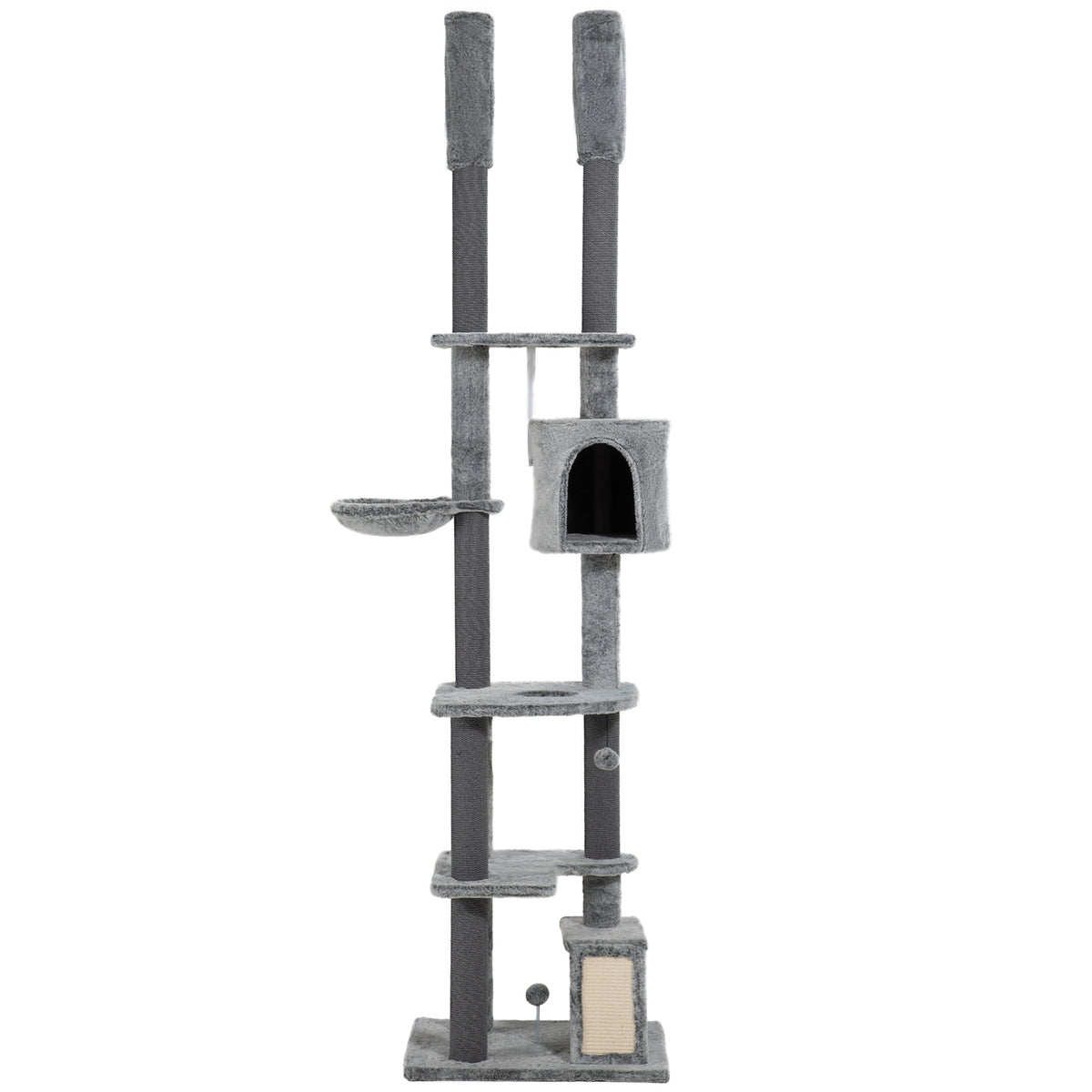 Scratching post ceiling high, cat tree, 225-255 cm cat scratching post with cat cave, scratching posts, basket, play ball, cat furniture with tip protection, gray