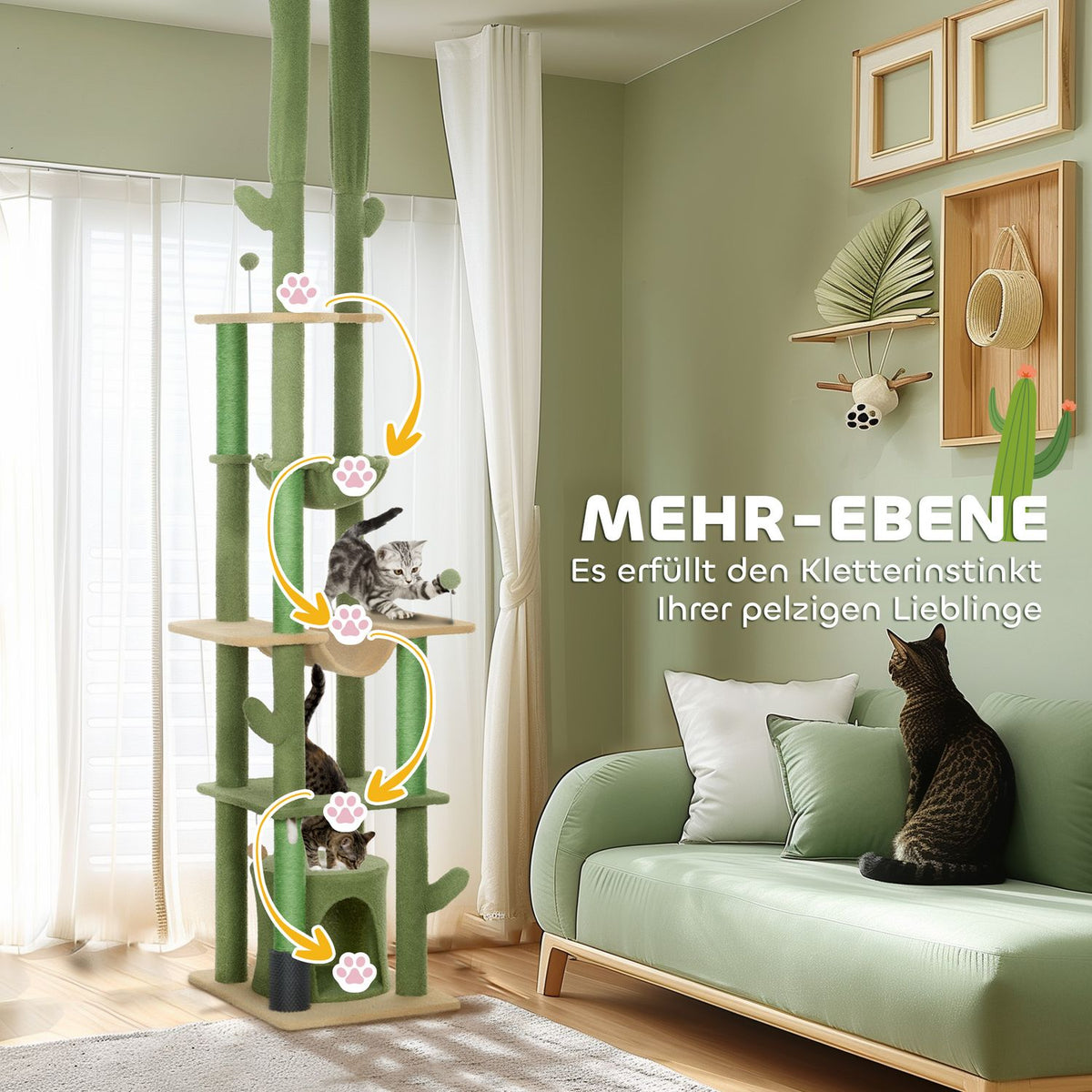 Scratching post ceiling high, cat tree, 225-255 cm cat scratching post with cat cave, scratching posts, basket, play ball, cat furniture with tip protection, green