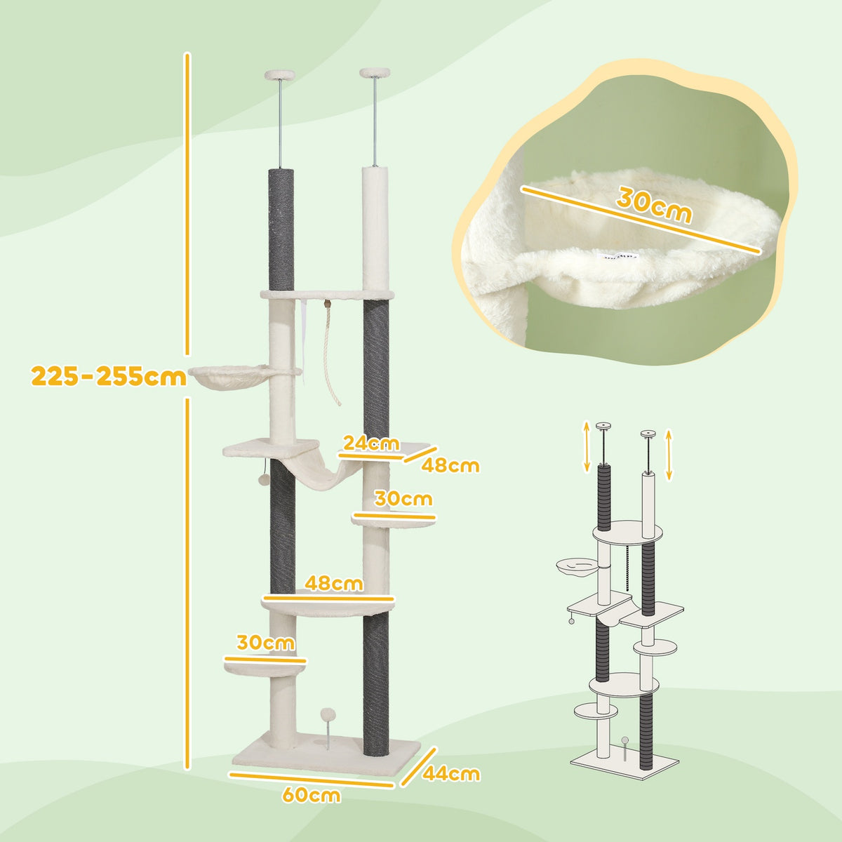 Scratching post ceiling high, cat tree, 225-255 cm cat scratching post with hammocks, scratching posts, basket, play ball, cat furniture with tip protection, white