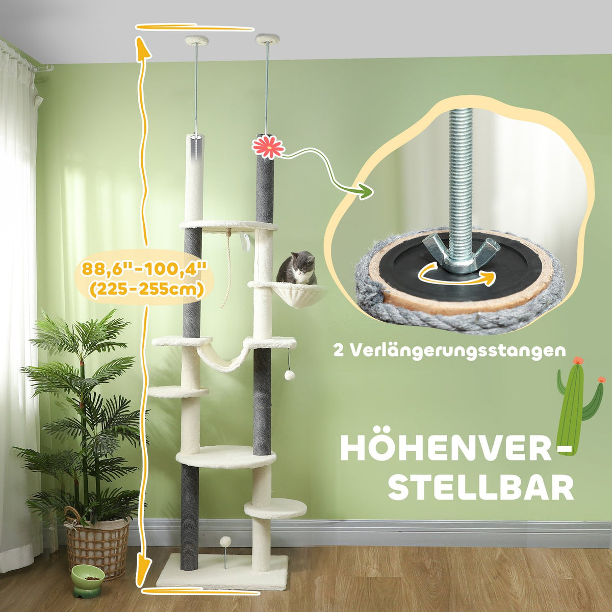 Scratching post ceiling high, cat tree, 225-255 cm cat scratching post with hammocks, scratching posts, basket, play ball, cat furniture with tip protection, white