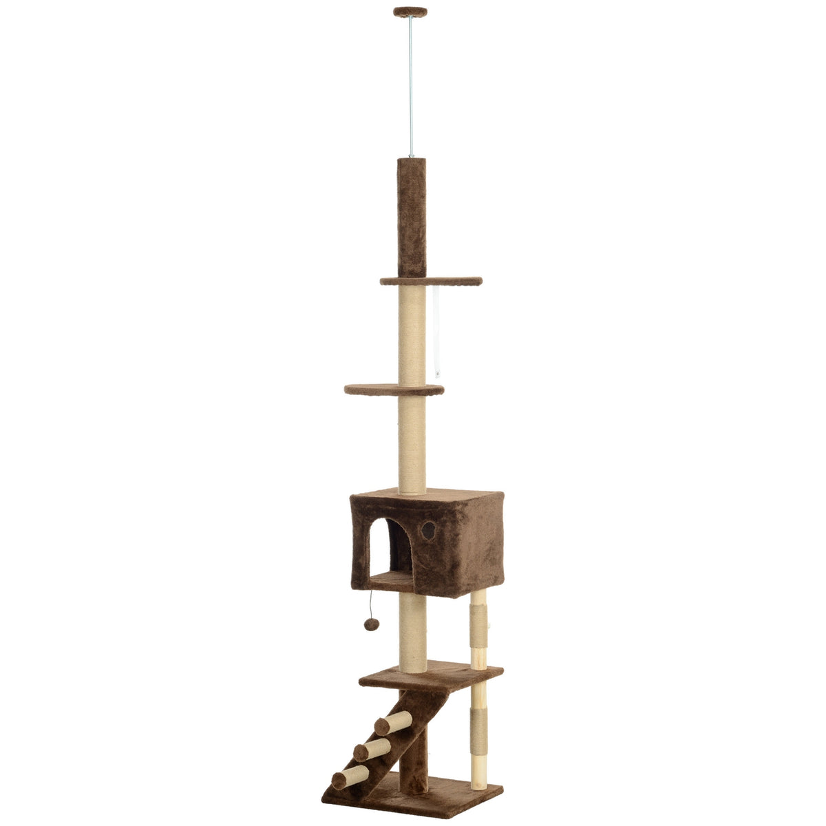 Scratching post ceiling high, cat tree, 225-265 cm cat scratching post with cat cave, scratching posts, play ball, cat furniture with tip protection, brown
