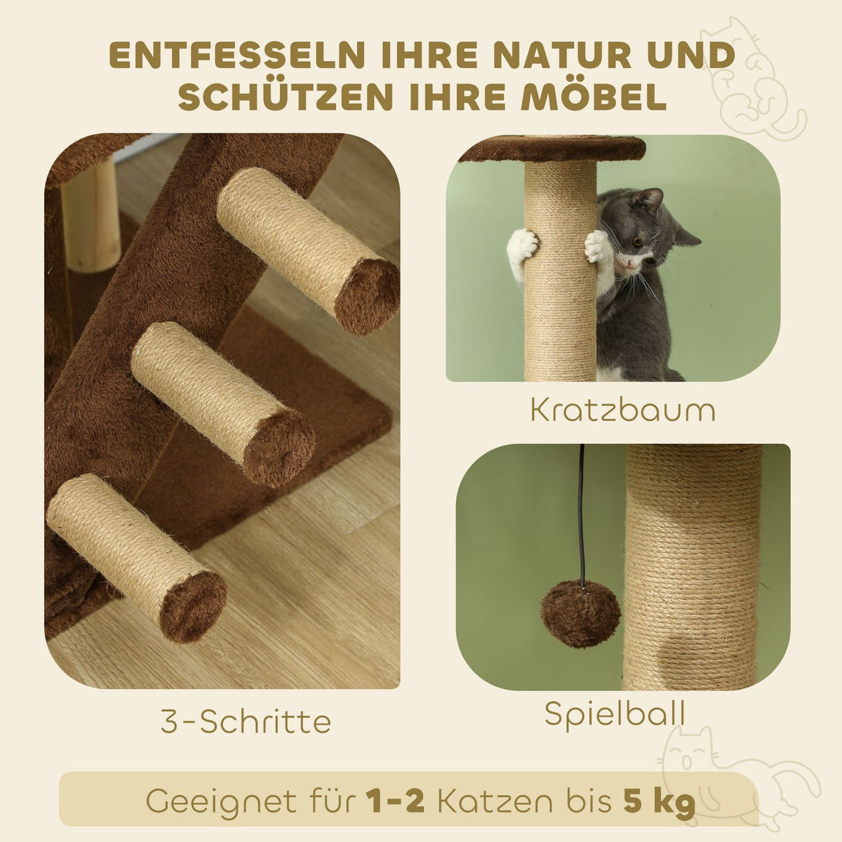 Scratching post ceiling high, cat tree, 225-265 cm cat scratching post with cat cave, scratching posts, play ball, cat furniture with tip protection, brown