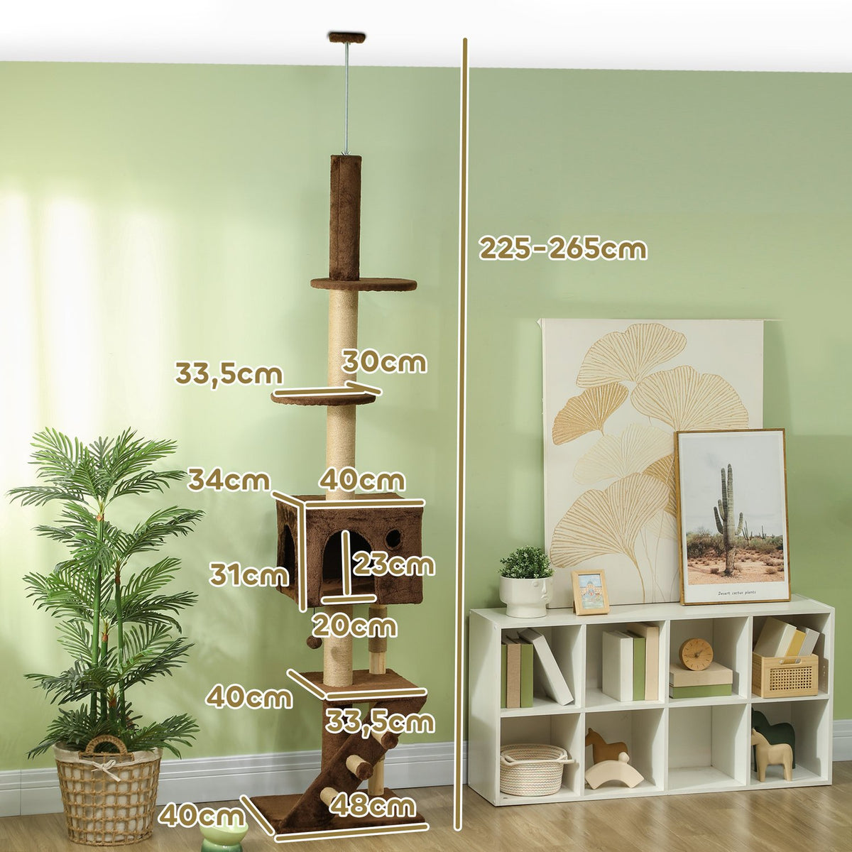 Scratching post ceiling high, cat tree, 225-265 cm cat scratching post with cat cave, scratching posts, play ball, cat furniture with tip protection, brown