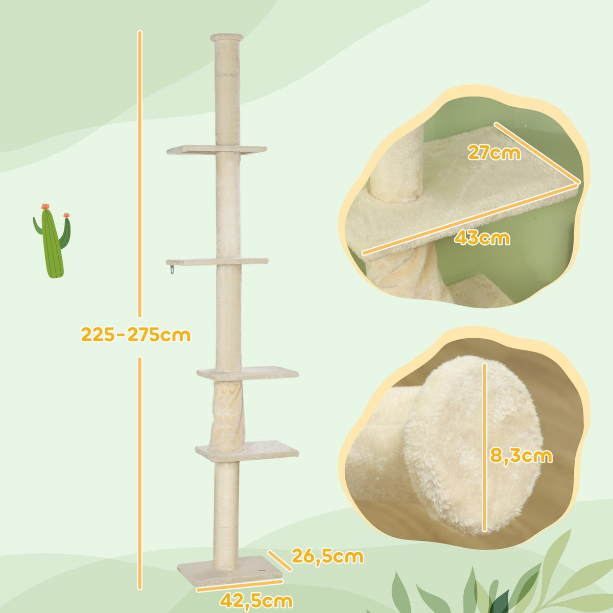 Scratching post ceiling high, cat tree, 225-275 cm cat scratching post with platforms, cat furniture with tip protection, cream white