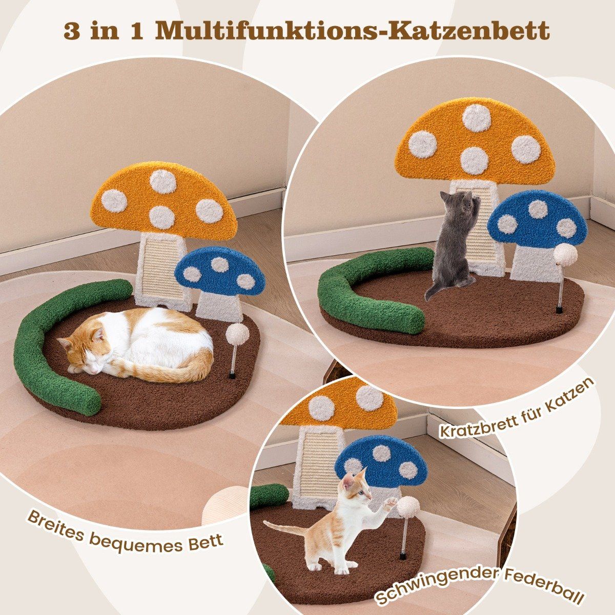 Scratching post in mushroom look with cat bed & sisal scratching board & shuttlecock & headrest cat tree