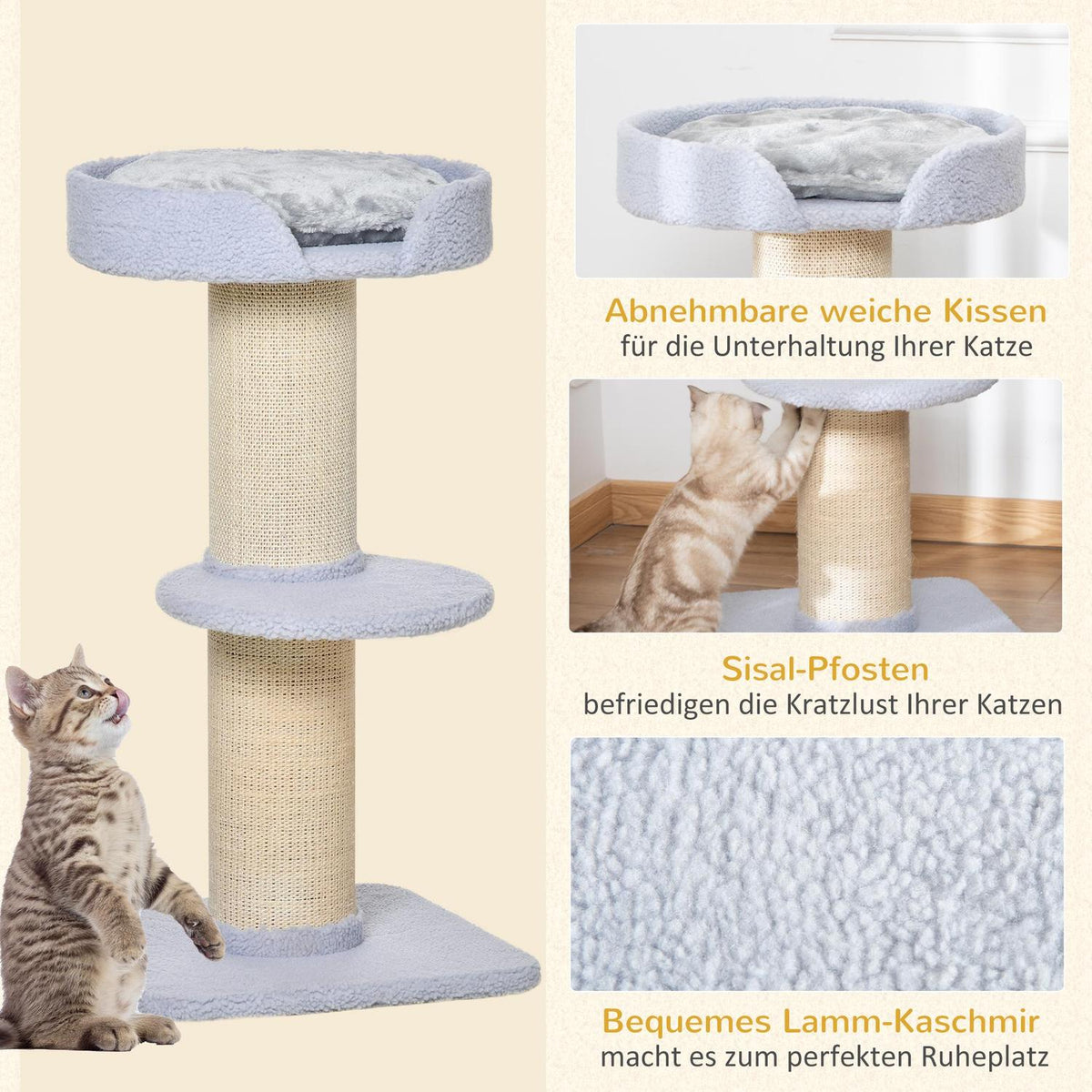 Scratching post, load capacity 30kg, play tree with scratching post, platform, sisal, light blue, 45x45x91cm