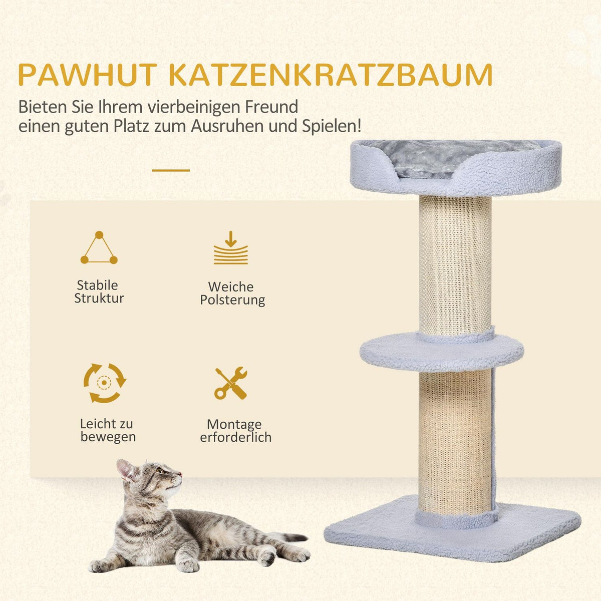 Scratching post, load capacity 30kg, play tree with scratching post, platform, sisal, light blue, 45x45x91cm
