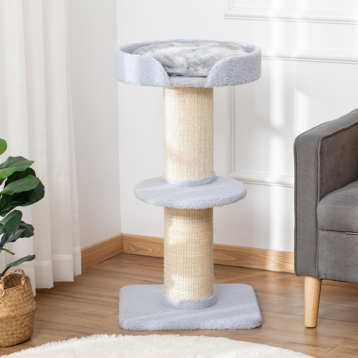 Scratching post, load capacity 30kg, play tree with scratching post, platform, sisal, light blue, 45x45x91cm