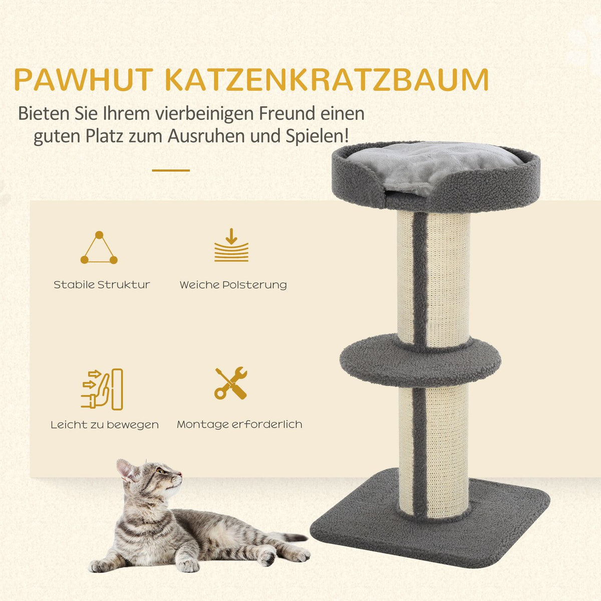 Scratching posts for cats, load capacity 30kg, scratching post with platform, stable, sisal, gray