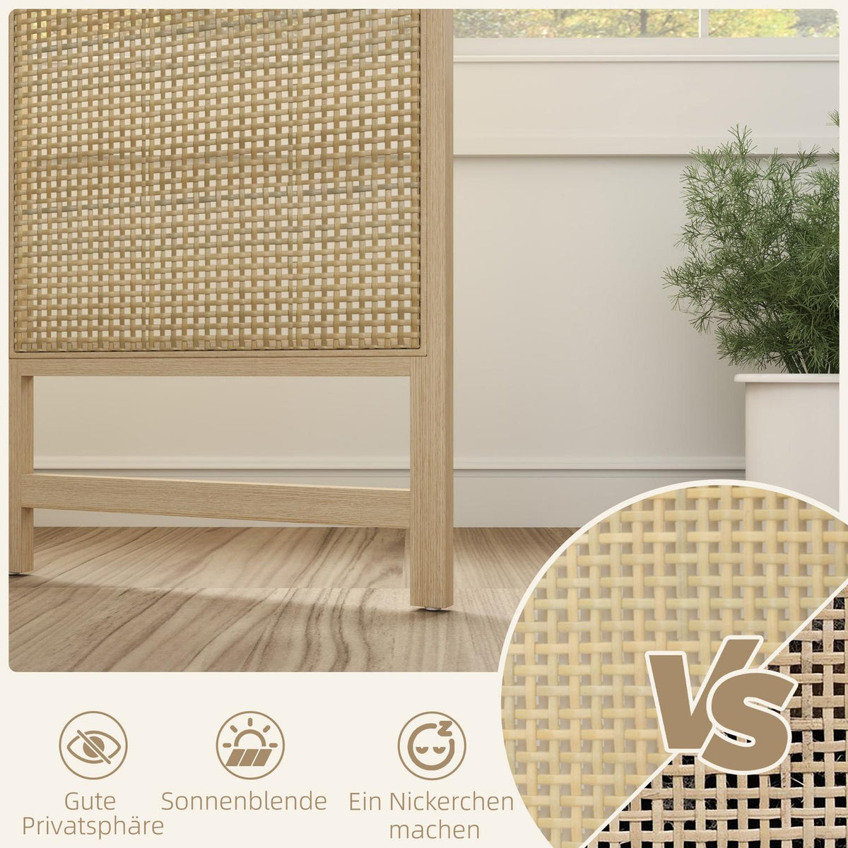 Screen 3-part 135 x 180 cm partition room divider made of PP rattan, foldable room divider, privacy screen for living room, natural