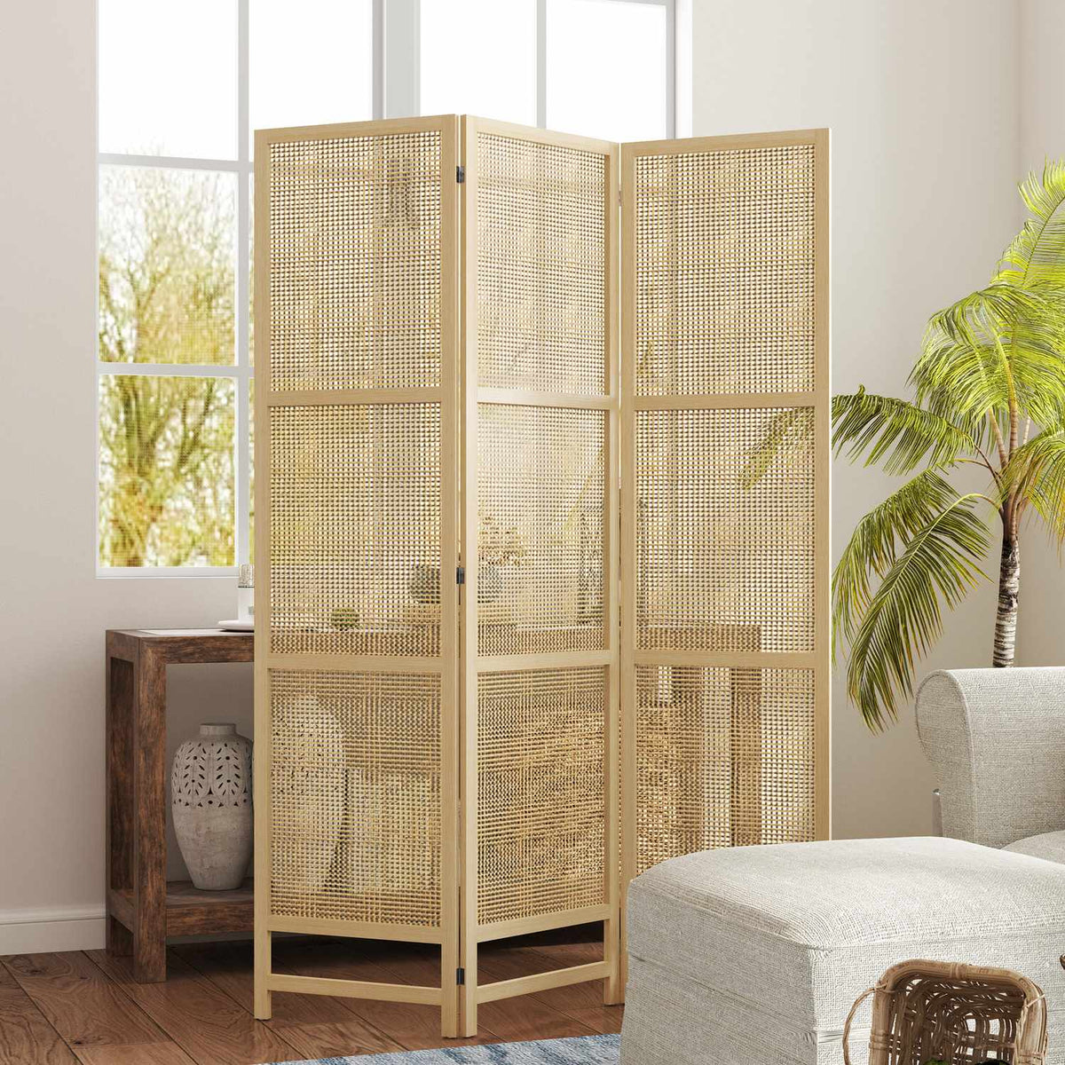 Screen 3-part 135 x 180 cm partition room divider made of PP rattan, foldable room divider, privacy screen for living room, natural