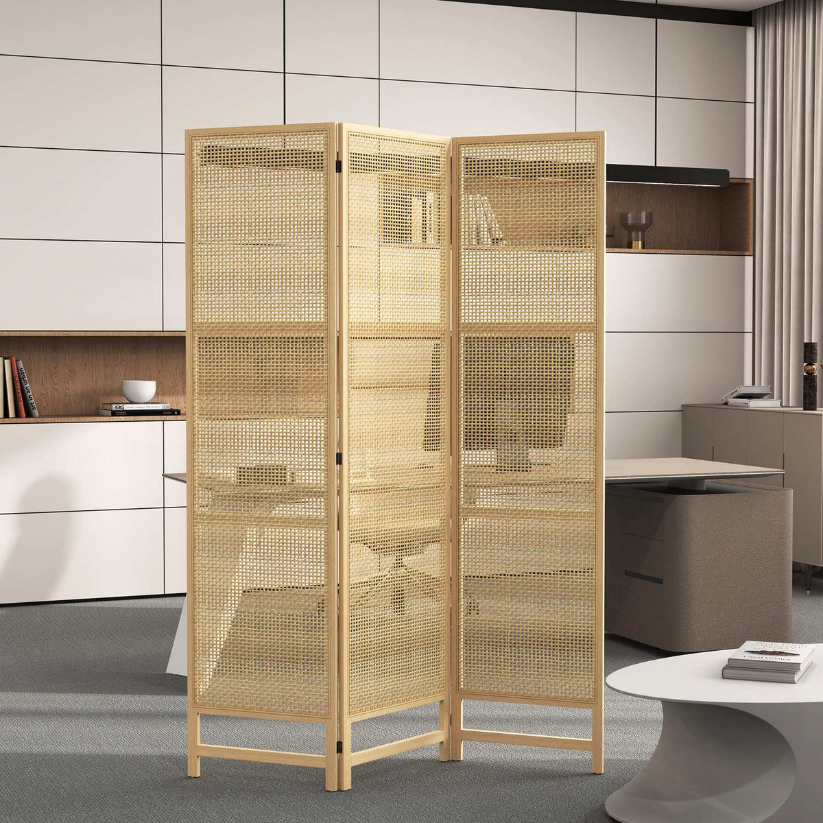 Screen 3-part 135 x 180 cm partition room divider made of PP rattan, foldable room divider, privacy screen for living room, natural