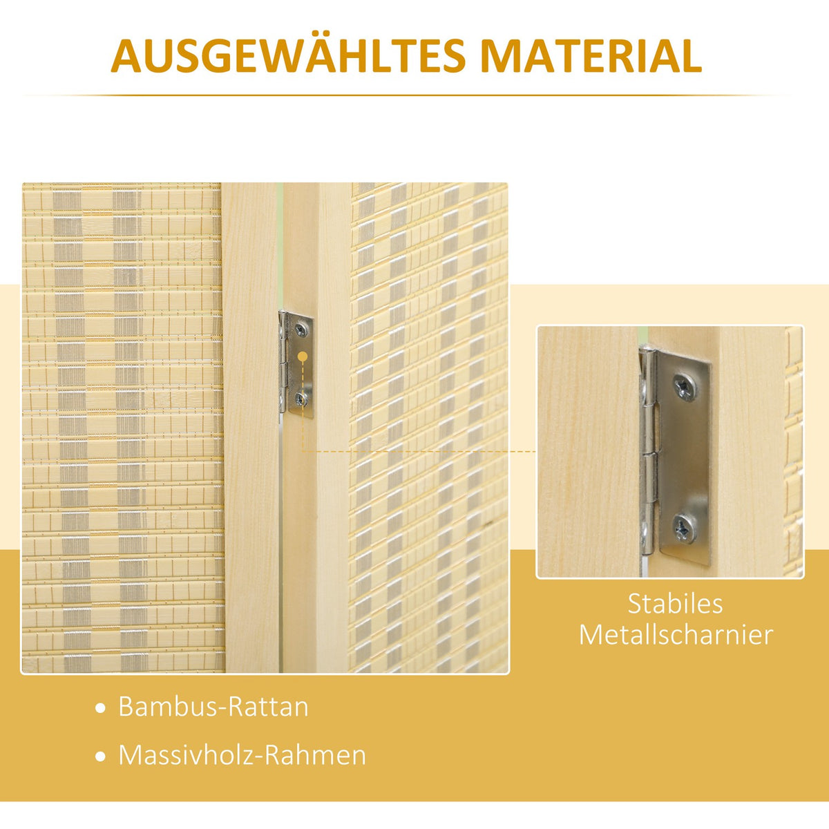 Screen 4-part 180 x 180 cm room divider made of bamboo, foldable privacy screen, room divider for living room, natural