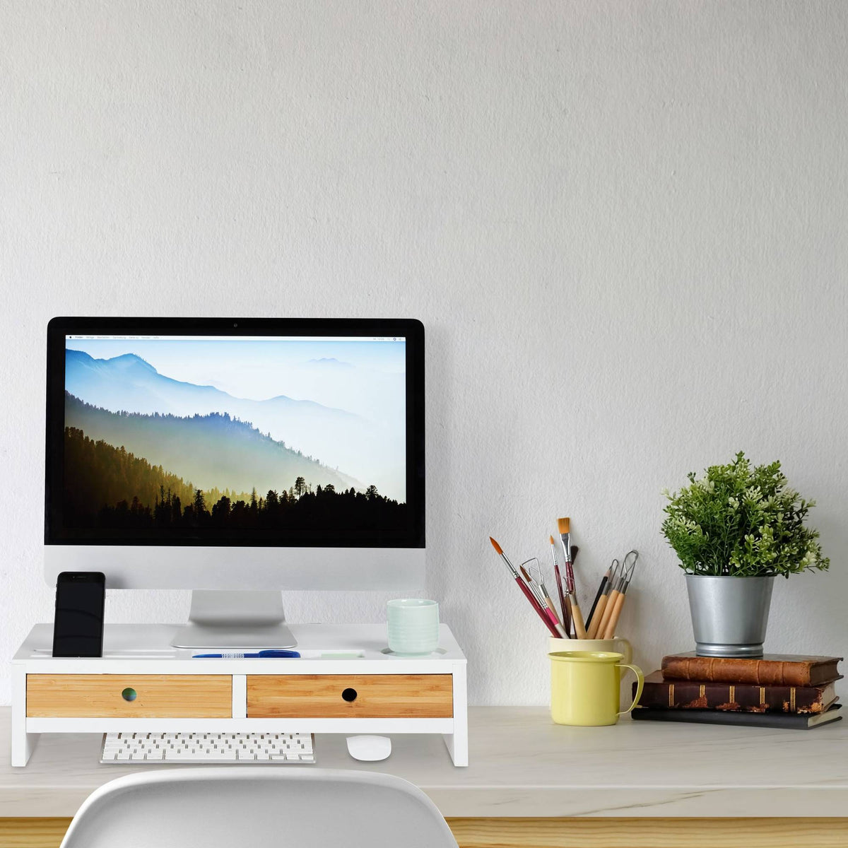 Screen stand with 2 drawers in white