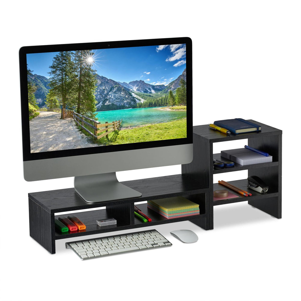 Screen stand with shelves