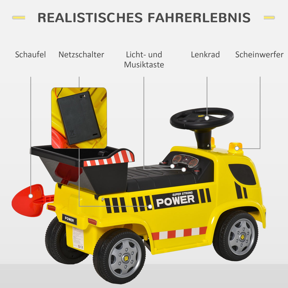Seat Excavator Ride-On Car For Baby 18-36 Months, With Tipping Bucket & Shovel, Metal & Pp Plastic, Yellow