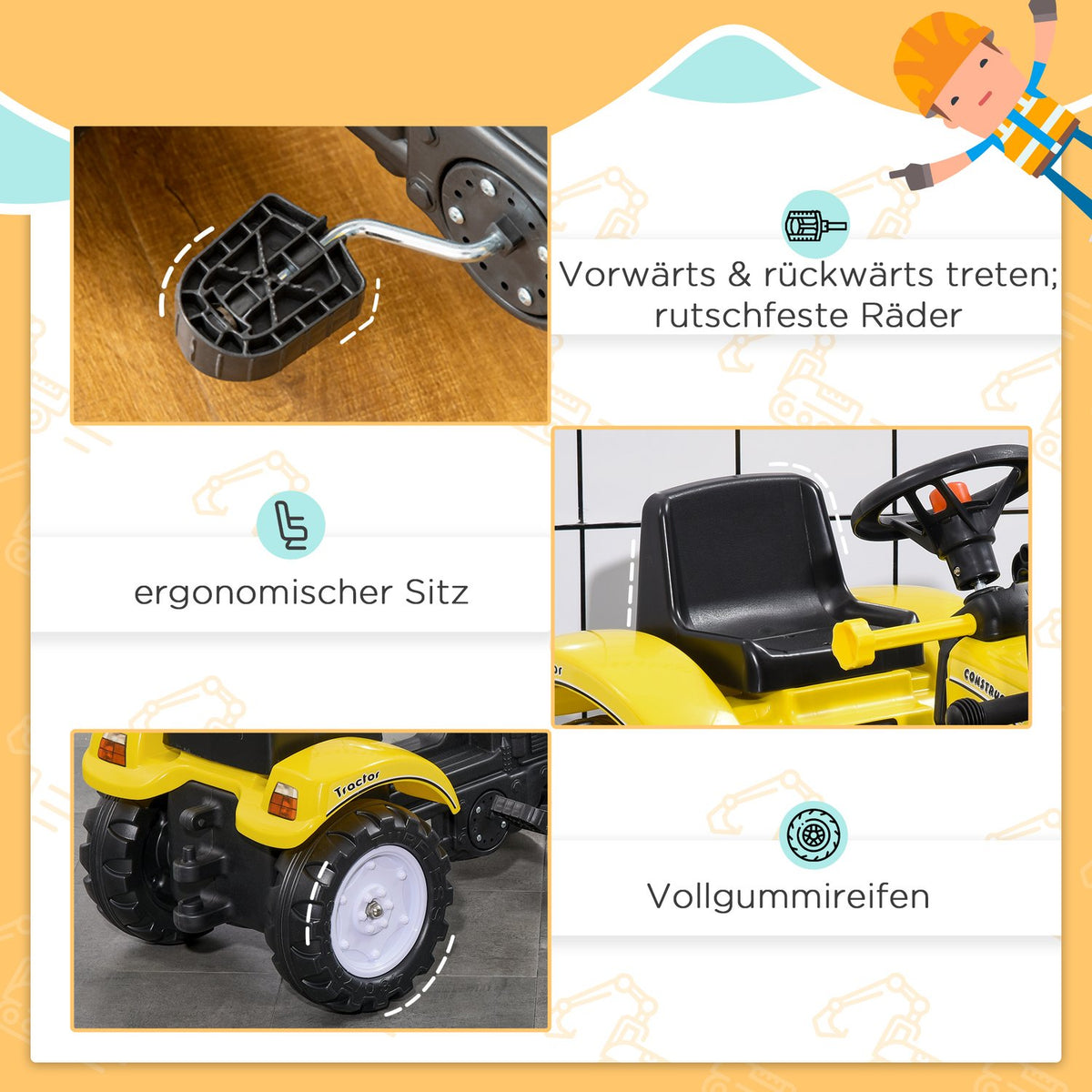 Seat Excavator Ride-On Excavator With Shovel For 3 Year Olds, Pedal Tractor, Ride-On Vehicle, 114X41X54Cm
