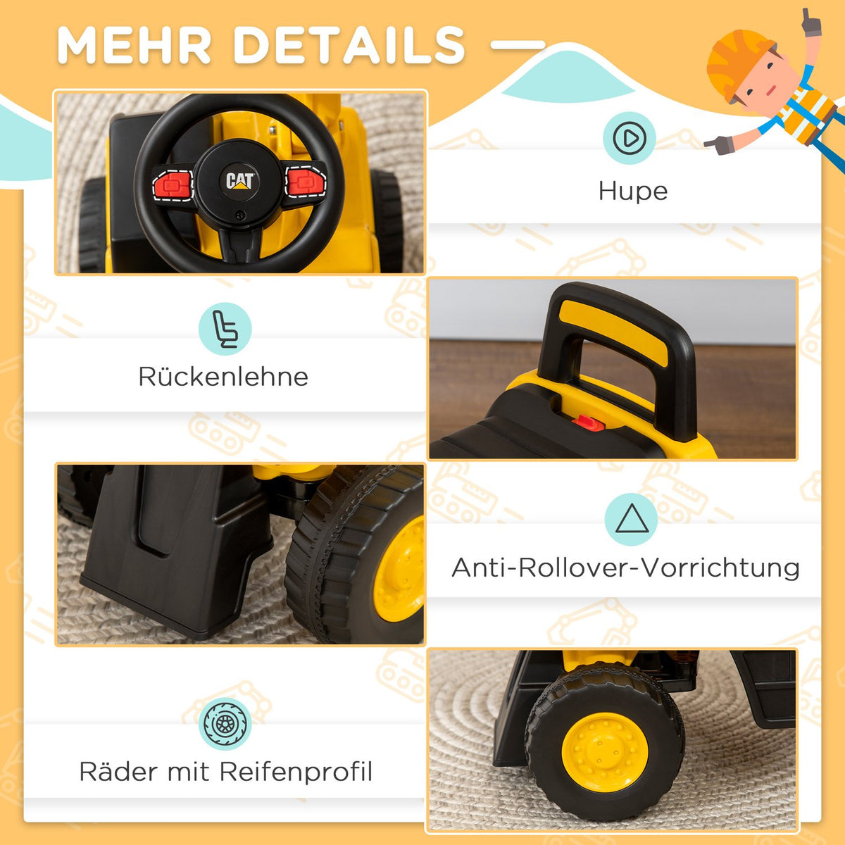 Seat Excavator Ride-On Vehicle With Shovel & Horn, For Children From 12 Months, Yellow + Black, 85X27.5X47.5Cm