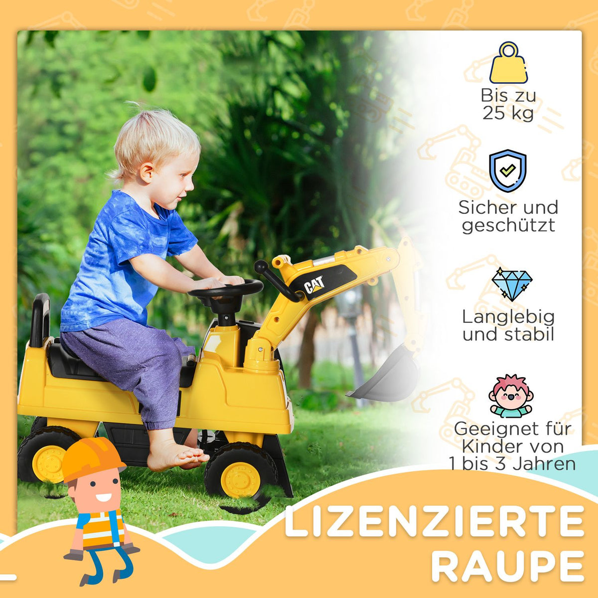 Seat Excavator Ride-On Vehicle With Shovel & Horn, For Children From 12 Months, Yellow + Black, 85X27.5X47.5Cm