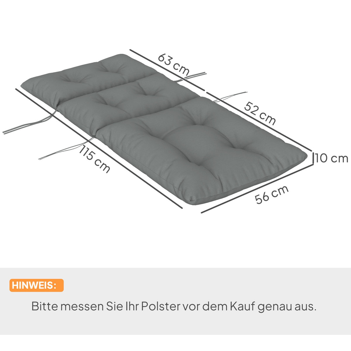 Seat cushion, 115x56 cm chair cushion with ties, backrest, 10cm thick padding, water-repellent seat cushion for home, garden, office, chairs, light gray