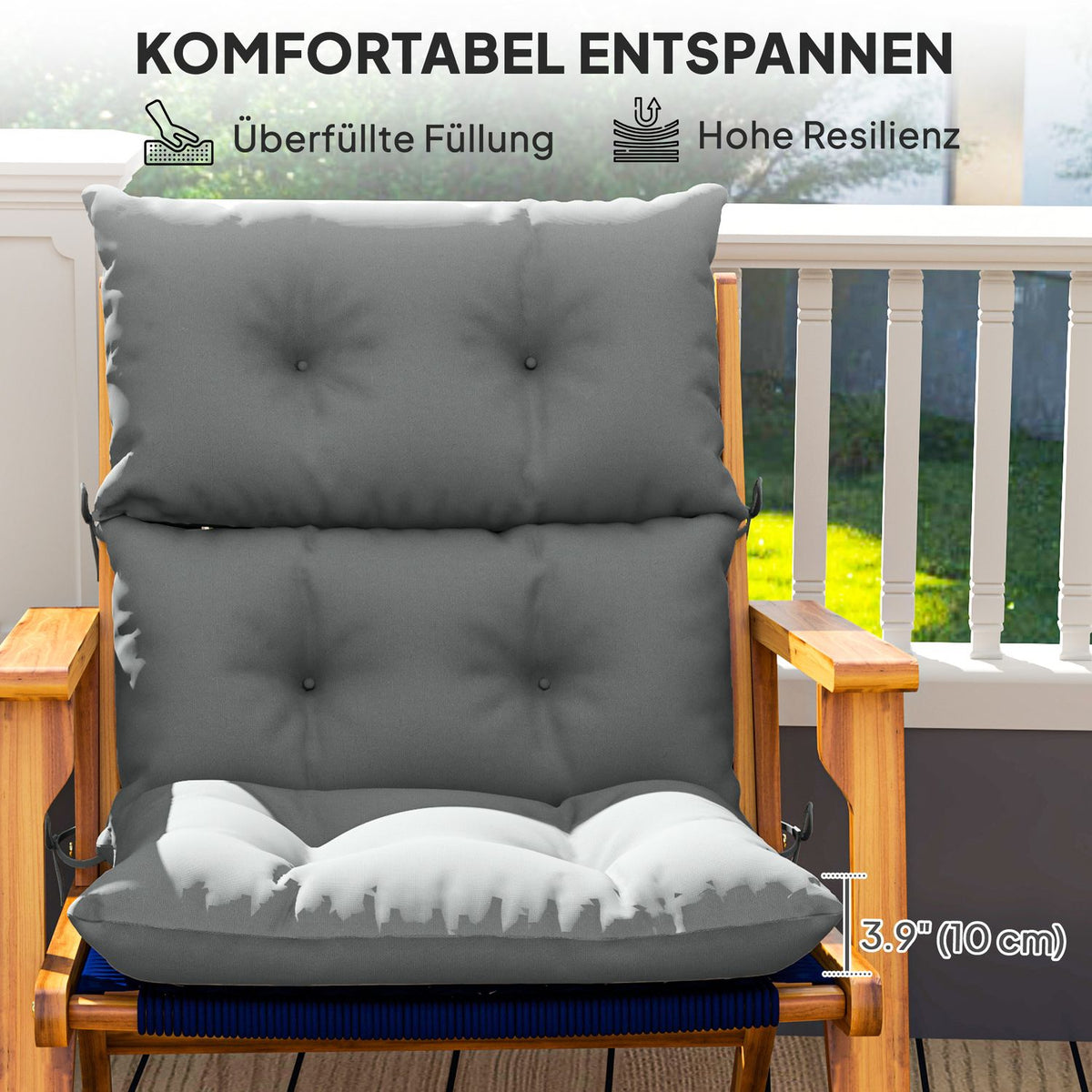 Seat cushion, 115x56 cm chair cushion with ties, backrest, 10cm thick padding, water-repellent seat cushion for home, garden, office, chairs, light gray