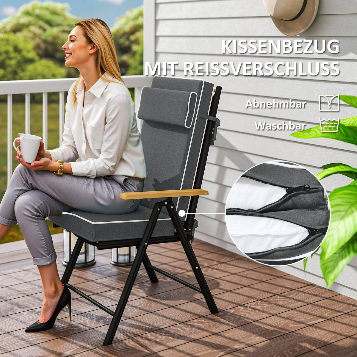 Seat cushion 120 x 47 x 9.5 cm water-repellent chair cushion with ties, headrest, UPF50+ outdoor indoor seat pad, seat pad for folding chair, dining chair, dark gray