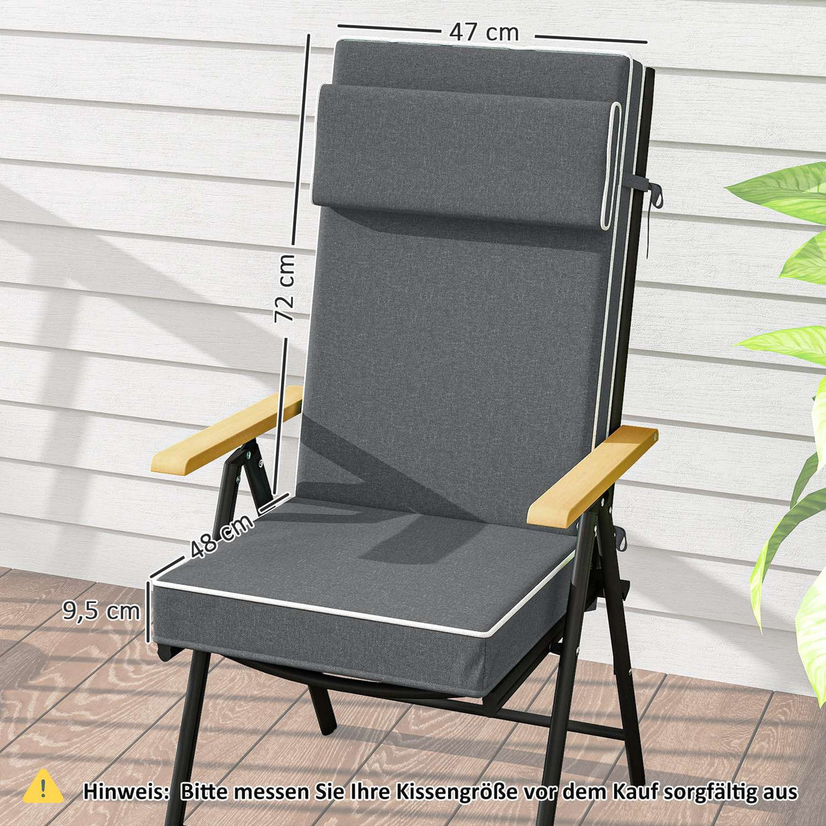 Seat cushion 120 x 47 x 9.5 cm water-repellent chair cushion with ties, headrest, UPF50+ outdoor indoor seat pad, seat pad for folding chair, dining chair, dark gray