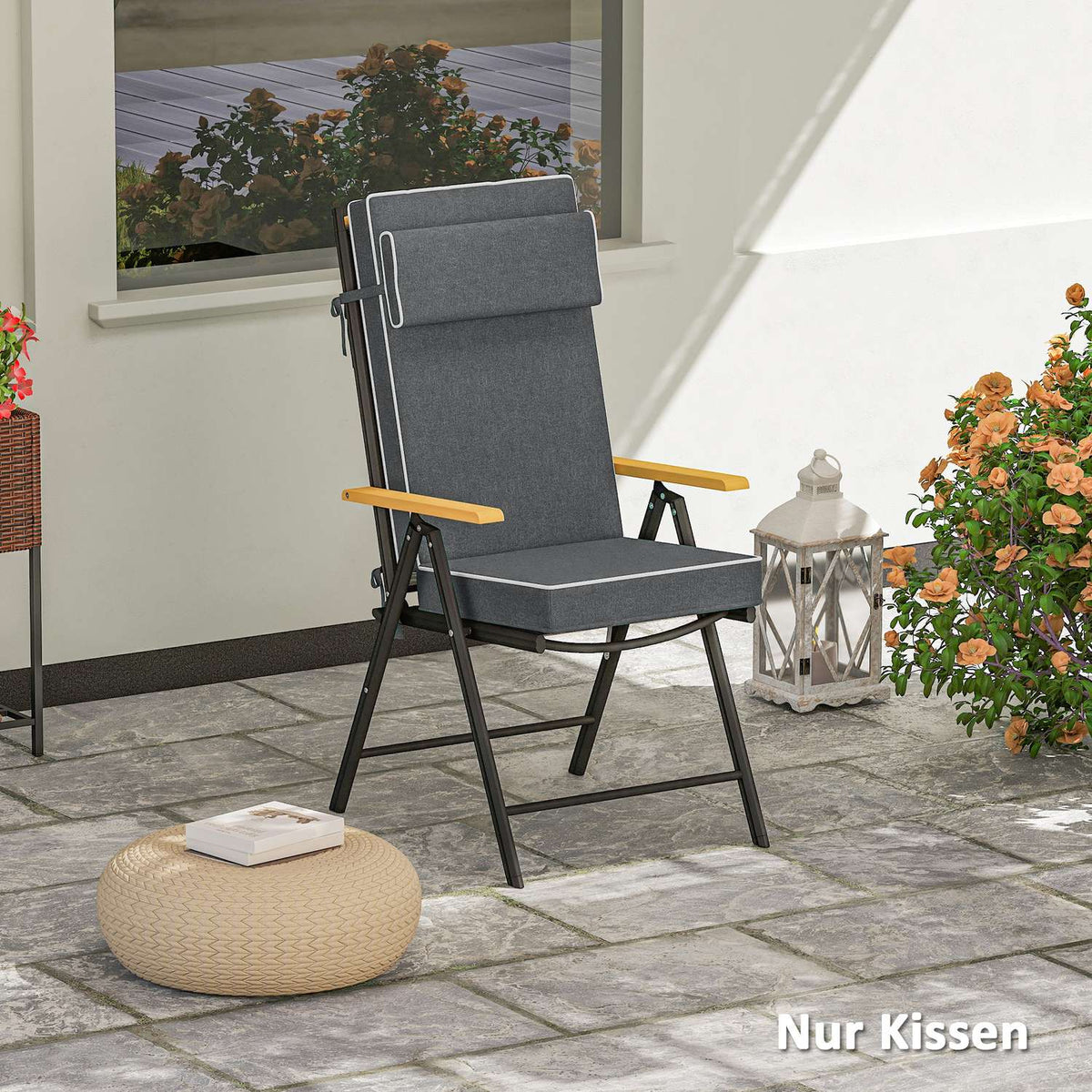 Seat cushion 120 x 47 x 9.5 cm water-repellent chair cushion with ties, headrest, UPF50+ outdoor indoor seat pad, seat pad for folding chair, dining chair, dark gray