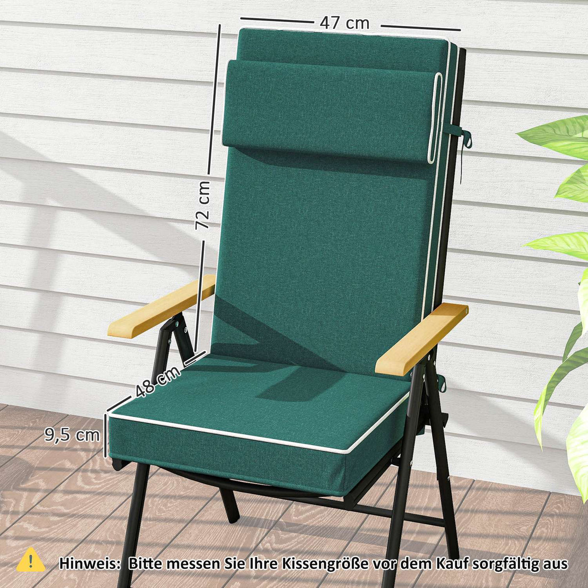 Seat cushion 120 x 47 x 9.5 cm water-repellent chair cushion with ties, headrest, UPF50+ outdoor indoor seat pad, seat pad for folding chair, dining chair, green