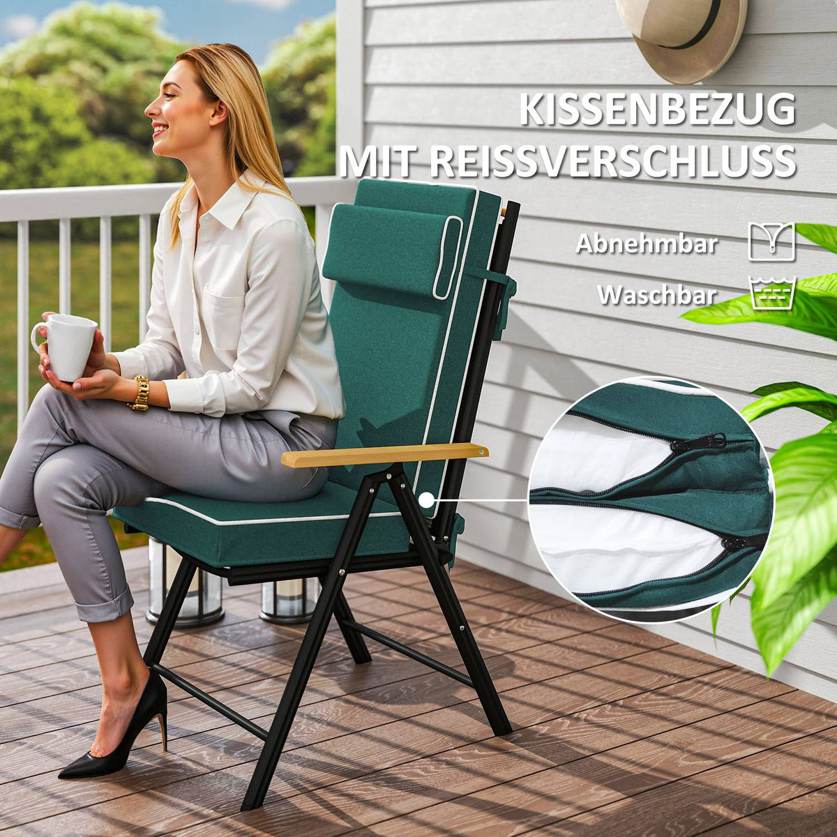 Seat cushion 120 x 47 x 9.5 cm water-repellent chair cushion with ties, headrest, UPF50+ outdoor indoor seat pad, seat pad for folding chair, dining chair, green