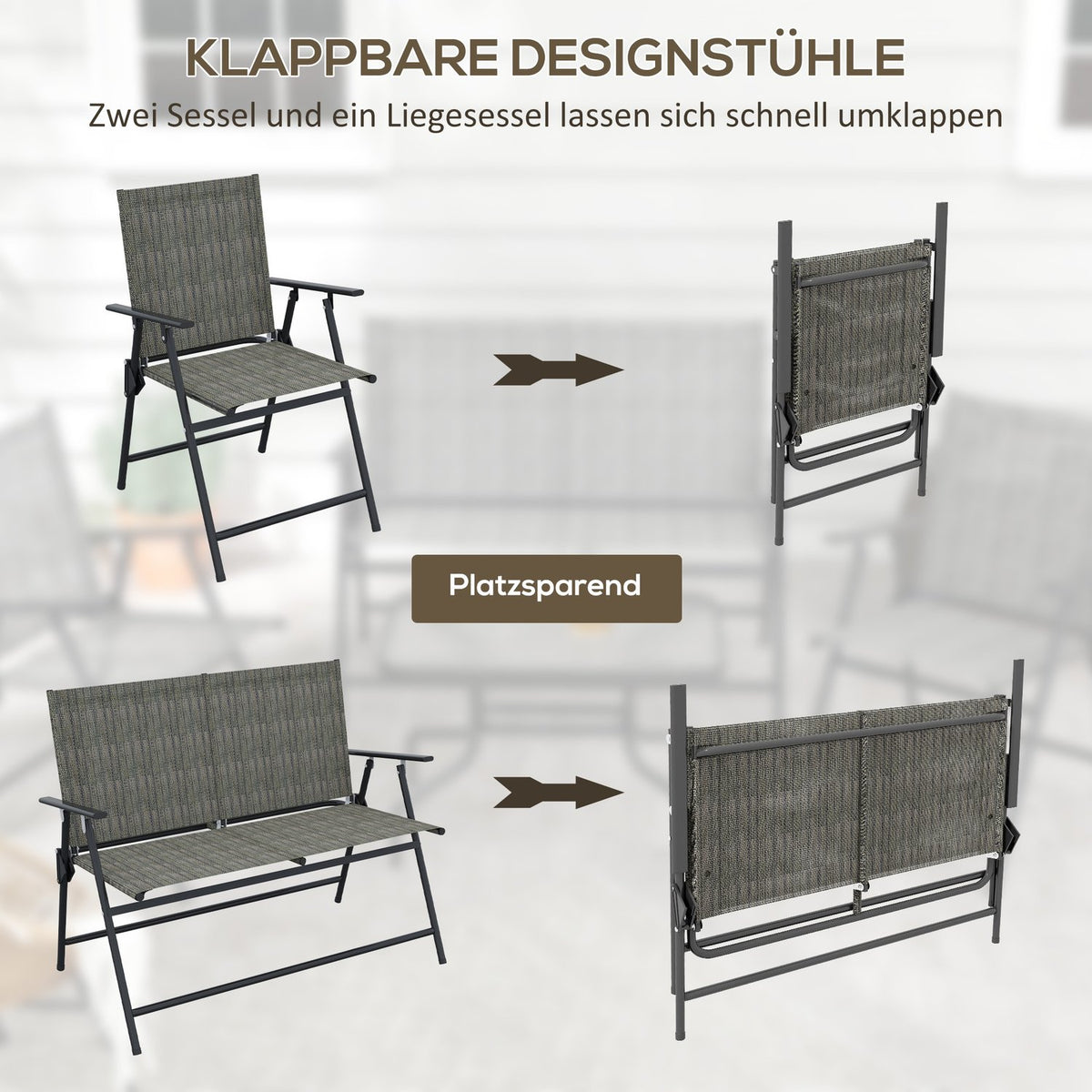 Seating Group, 4-Piece Garden Furniture Set, Folding Seating Set Including 1 Table, 2 Chairs, 1 Two-Seater, Balcony Furniture Set, Metal, Brown