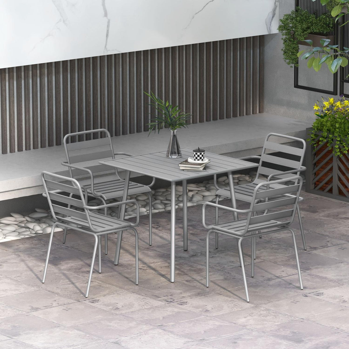 Seating Group Garden Furniture Set Dining Table 4 Stackable Chairs Garden Set Steel Light Gray