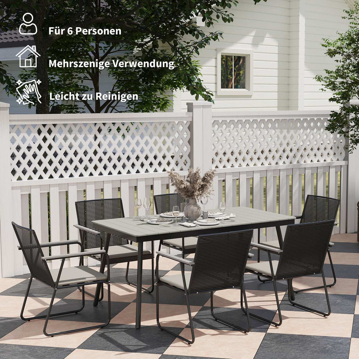 Seating group 7-piece metal dining group for 6 people Dining table with table 6 chairs Dining room group Kitchen table set with metal frame Balcony furniture Garden furniture for terrace, balcony Gray