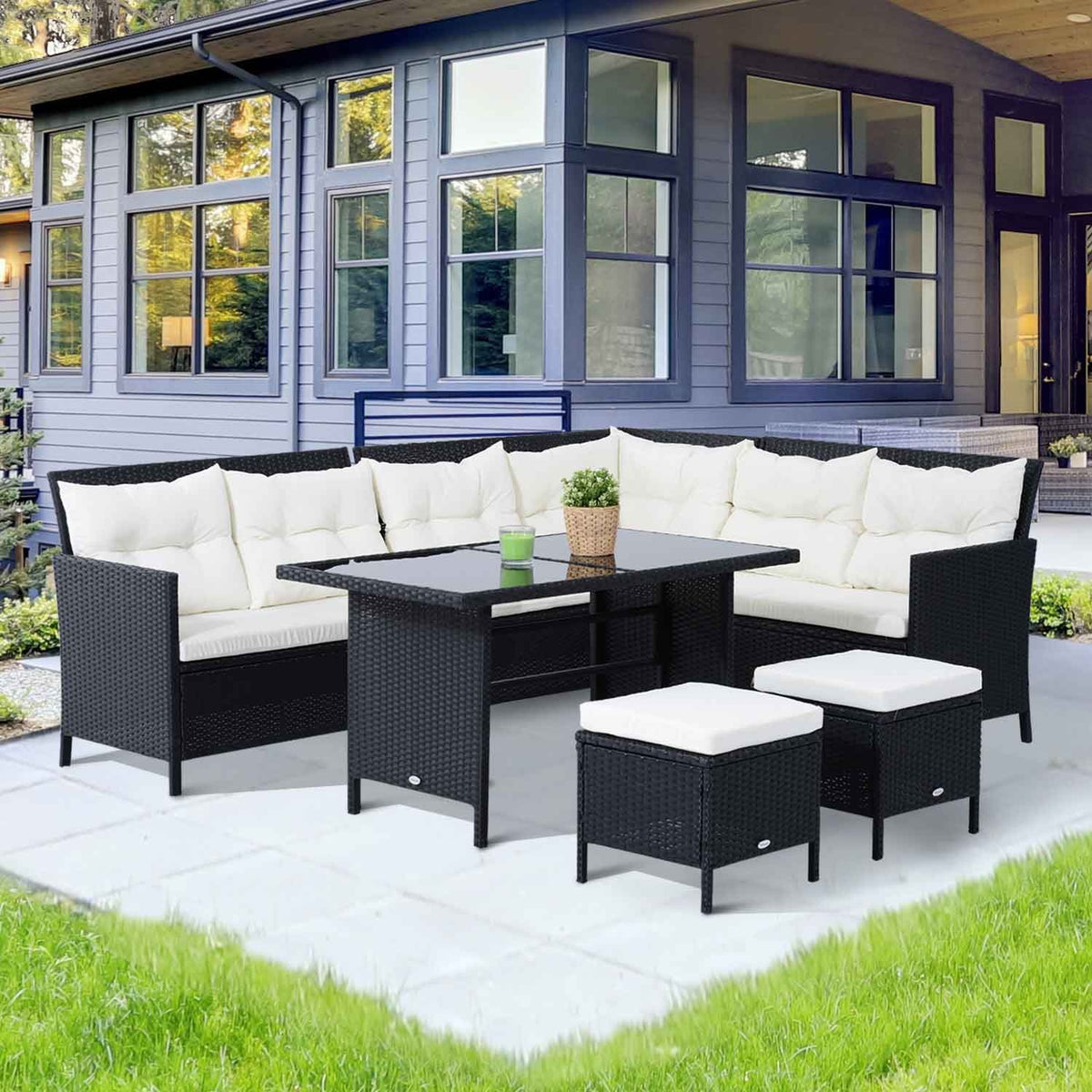 Seating set for 7 people garden set seating group polyrattan black cream white for garden terrace balcony