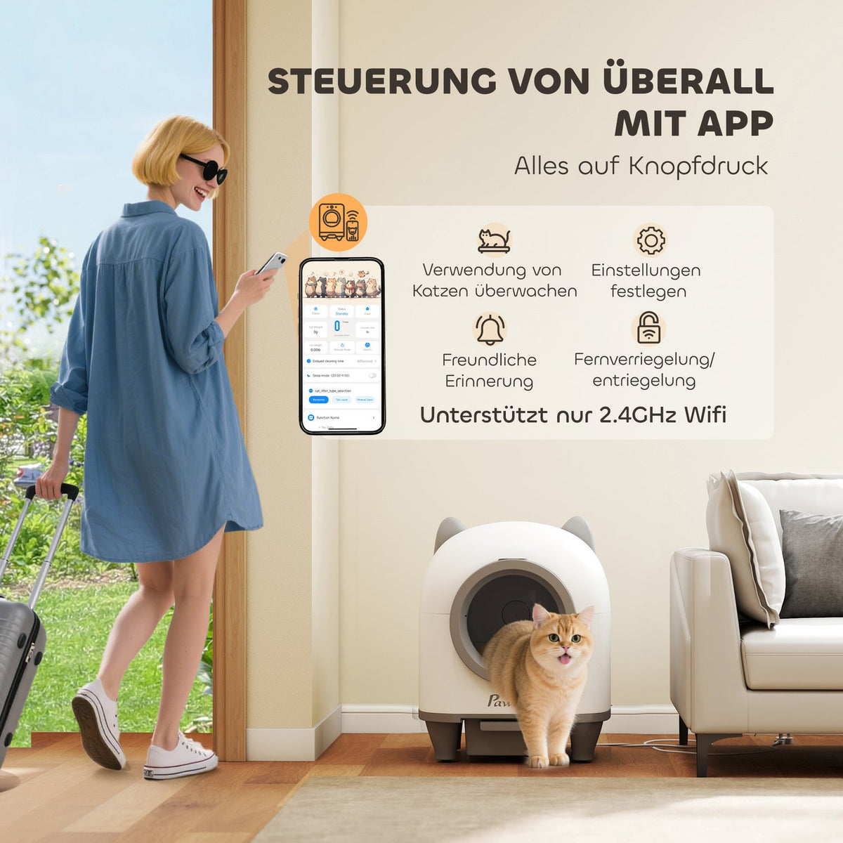 Self-cleaning cat litter box with app control 80 L odor removal for multiple cats