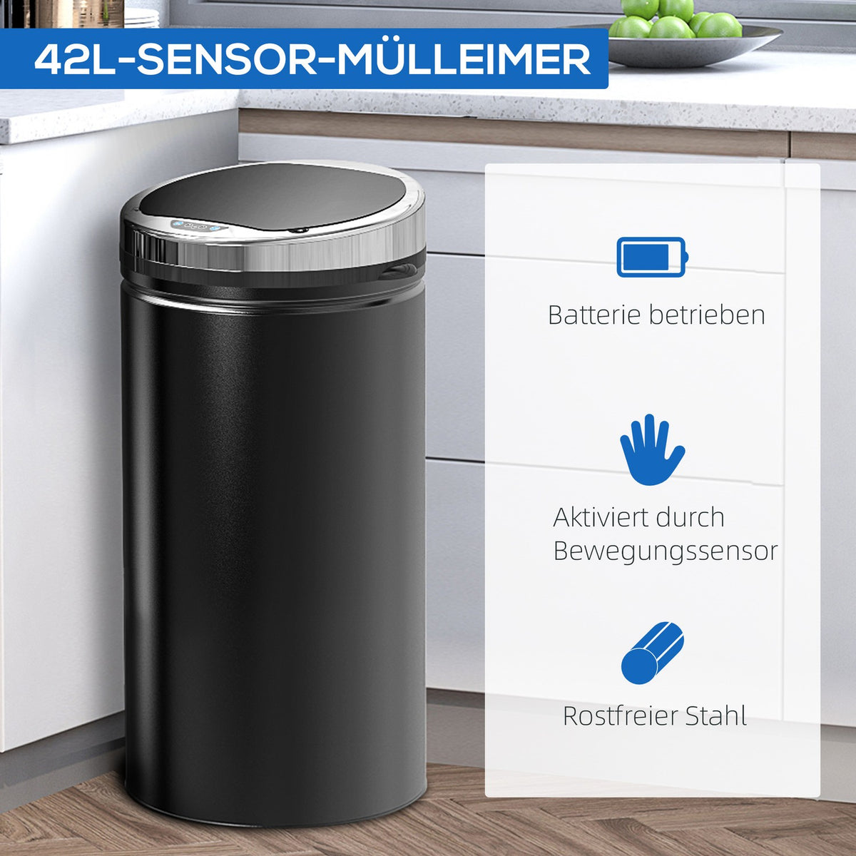 Sensor Trash Can 42L, Electric Automatic Trash Can with Lid, Rustproof, for Bathroom, Office, Kitchen, Dining Room, Steel, Black
