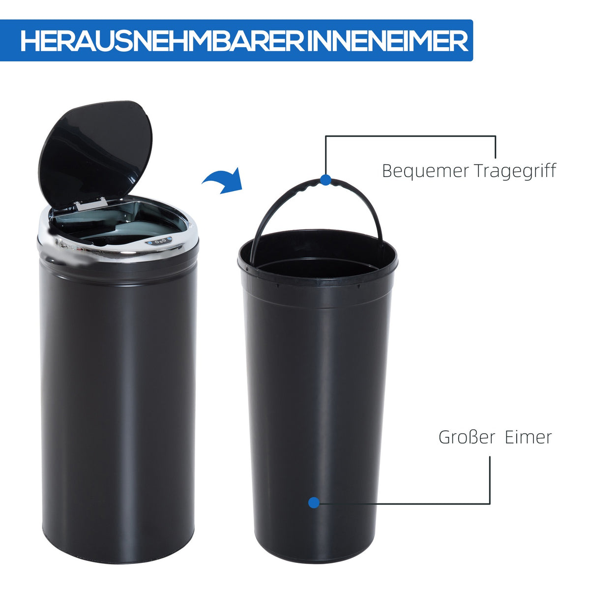 Sensor Trash Can 42L, Electric Automatic Trash Can with Lid, Rustproof, for Bathroom, Office, Kitchen, Dining Room, Steel, Black