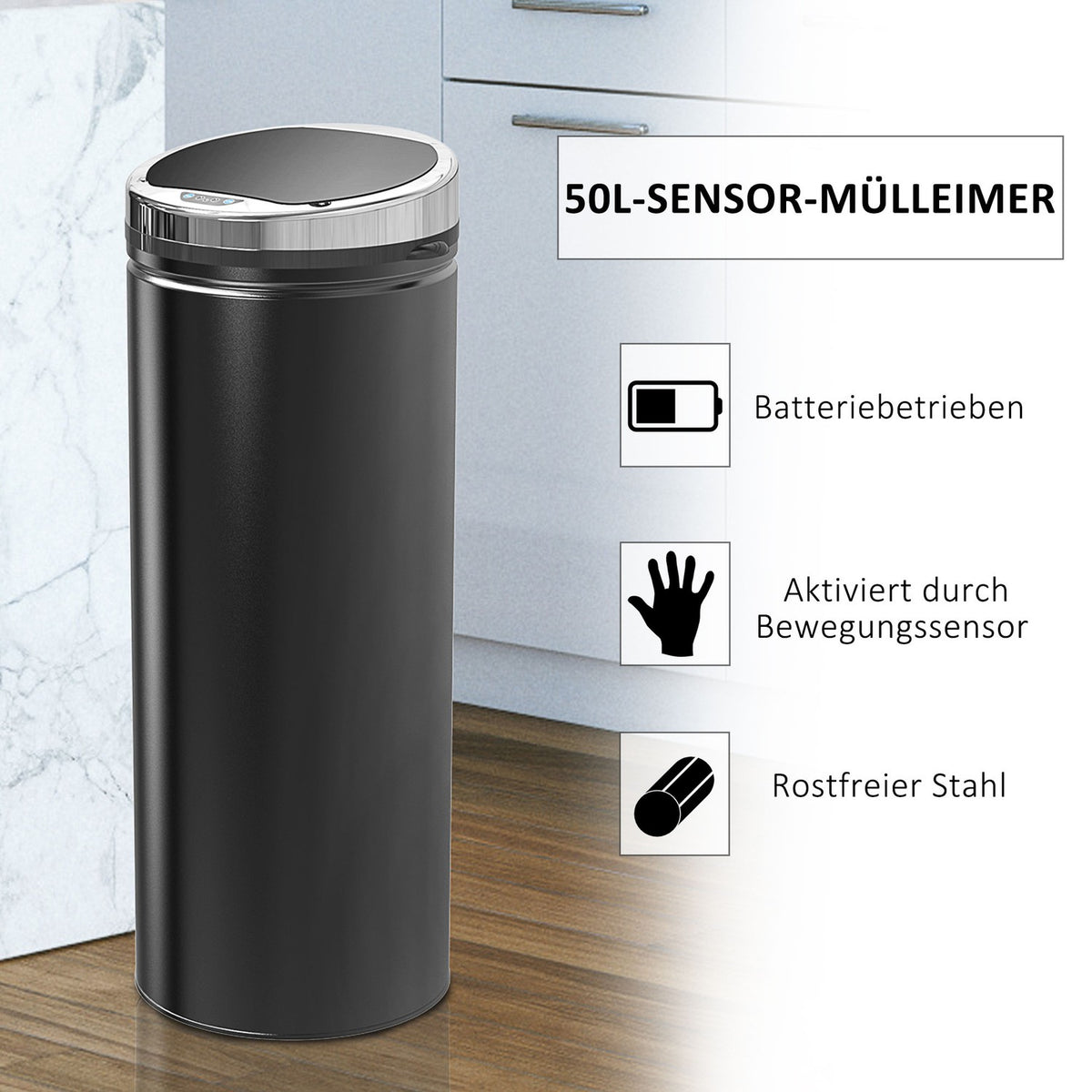Sensor Trash Can 50L Automatic Trash Can, Rustproof Kitchen Bucket, Infrared Sensor, Black, Stainless Steel