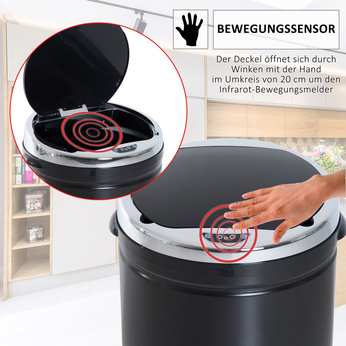 Sensor Trash Can 50L Automatic Trash Can, Rustproof Kitchen Bucket, Infrared Sensor, Black, Stainless Steel